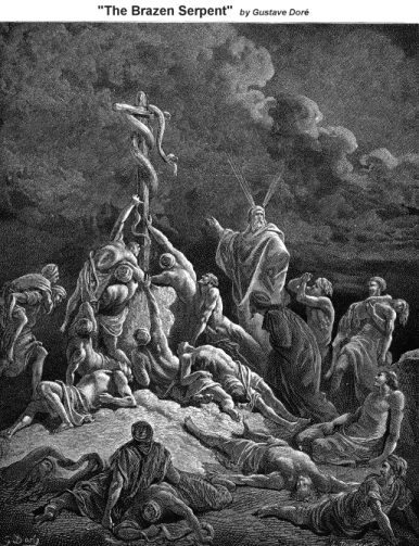 Moses lifting up the snake in the desert