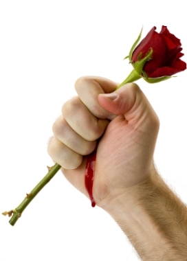 a bleeding hand holding tightly to a beautiful prickly rose