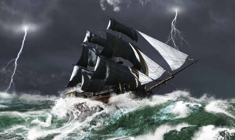 ancient merchant sail boat in ocean storm